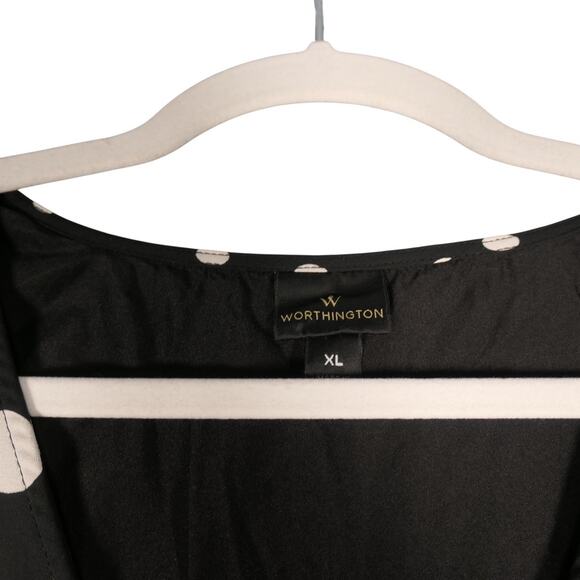 Worthington Faux Wrap Midi Dress Womens XL Black White Polka Dot V Neck High Low - Picture 14 of 16